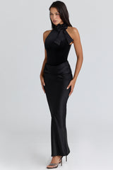 Beau Black Satin Draped Maxi Skirt