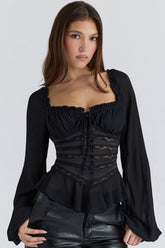 Cara Black Long Sleeve Georgette Peplum Top
