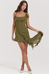 Marcia Olive Ruffle Mini Dress