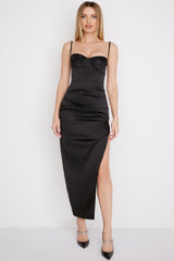 Flora Black Satin Pleated Corset Midi Dress