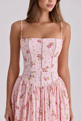 Ysabella Pink Vintage Rose Print Cotton Midi Sundress