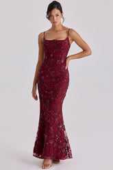 Naima Wine Hand Beaded Embellished Corset Maxi Dress - Limited Edition