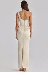 Caprice Lemon One Shoulder Satin Maxi Dress