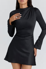 Lulu Black Satin Long Sleeve Mini Dress
