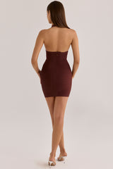 The Plunge Burnt Sugar Deep V Halter Mini Bandage Dress