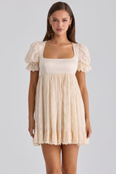 Bambi Ivory Satin + Broderie Anglaise Lace Regency Babydoll Mini Dress