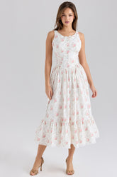 Sienna Rose Print Stretch Cotton Lace Up Midi Dress