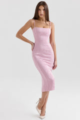 Ophelle Pink Jacquard Lace Up Bodycon Midi Dress
