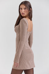 Angelie Brown Puppytooth Check Plunge Mini Dress