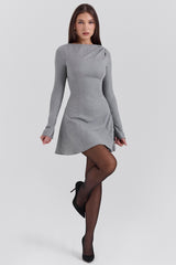 Angelique Grey A-Line Long Sleeve Mini Dress