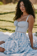 Chiarina Light Blue Gingham Stretch Cotton Midi Dress