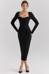 Ella Black Stretch Crepe Long Sleeve Midi Dress