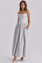 Rona Blue Wildflower Print Cotton Lace Up Maxi Dress