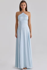 Avelina Blue Satin Halter Neck Godet Maxi Dress