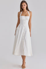 Claudia White Cotton Halter Neck Midi Dress