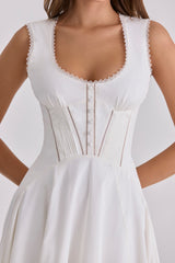 Solana White Cotton Waist Cinch Midi Sundress