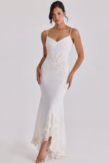 Anastelle Vintage Ivory Satin Hand Beaded Embellished Maxi Dress
