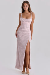 Lini Baby Pink Lace Mesh Maxi Dress