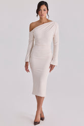 Arista Vintage Ivory Draped Crepe One Shoulder Midi Dress