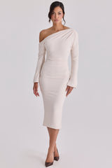Arista Vintage Ivory Draped Crepe One Shoulder Midi Dress