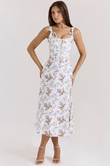 Dionne Off White Floral Print Cotton Midi Dress