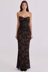 Solaine Black + Blush Lace Corset Maxi Dress
