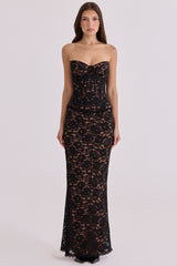 Solaine Black + Blush Lace Corset Maxi Dress