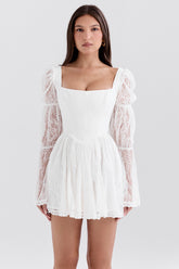 Sancia White Lace Puff Sleeve Mini Dress