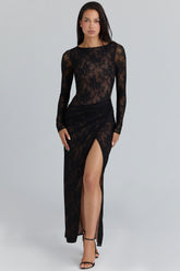 Sapphira Black Lace Asymmetric Maxi Dress - Limited Edition