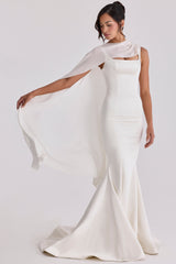 Enya Ivory Draped Pure Silk Asymmetric Shawl