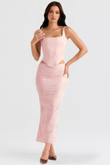 Luisette Pink Metallic Floral Satin Midi Skirt