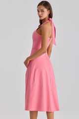 Tallulah Raspberry Cotton Halter Neck Midi Dress