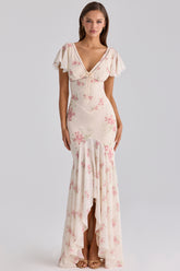 Amina Ivory Vintage Rose Print Georgette Maxi Tea Dress