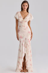 Amina Ivory Vintage Rose Print Georgette Maxi Tea Dress