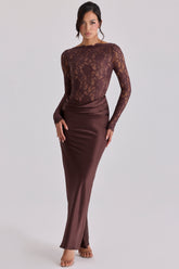 Yasmeen Espresso Brown Lace + Satin Draped Maxi Dress