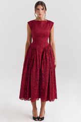 Debutante Berry Lace Backless Midi Dress