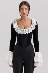 Jacinda Black Velvet Lace Trimmed Corset Top