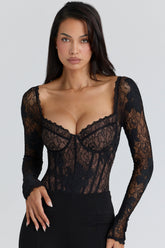 Aneira Black Lace Long Sleeve Bodysuit