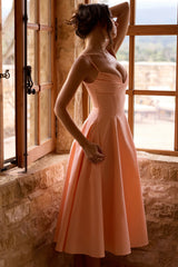 Dahlia Peach Cotton Pleated Midi Sundress