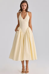 Marilyn Lemon Cotton Halter Neck Midi Sundress