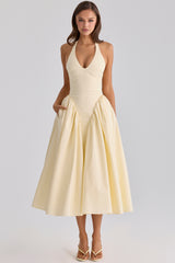 Marilyn Lemon Cotton Halter Neck Midi Sundress