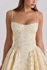 Samaria Lemon Floral Print Cotton Corset Mini Dress