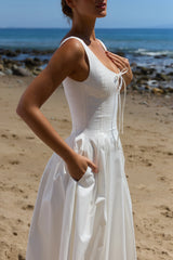 Alira White Pleated Cotton Peekaboo Midi Dress