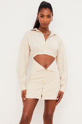 Julietta Beige Linen Cutout Shirt Dress