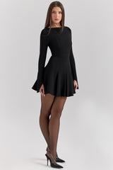 Francesca Black Stretch Crepe Godet Mini Dress