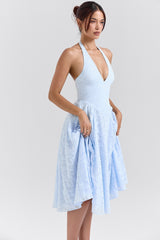 Arietta Bluebell Floral Jacquard Halter Midi Dress