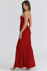 Valerie Red Satin Lace Strapless Maxi Dress