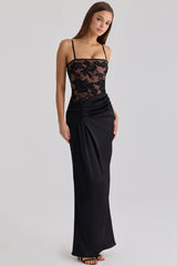 Eliette Black Embellished Lace + Satin Maxi Dress