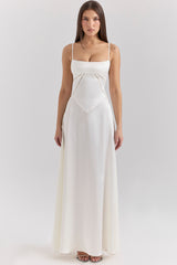 Anabella Ivory Satin Lace Up Maxi Dress