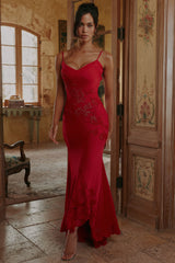 Anastelle Red Hand Beaded Embellished Satin Maxi Dress - Limited Edition